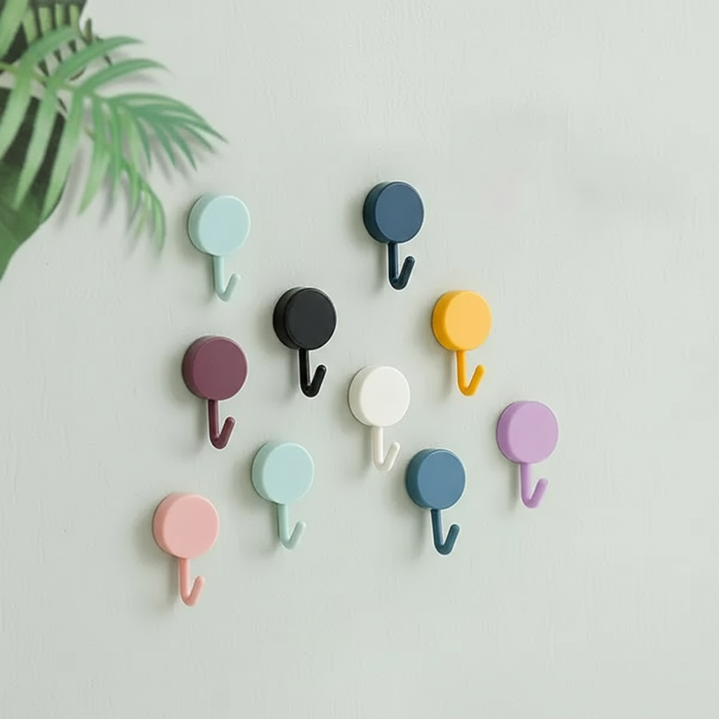 Self-Adhesive Wall Hooks (10 Pcs) – Round Hooks for Keys, Towels, Kitchen & Bathroom Organization(Random color)