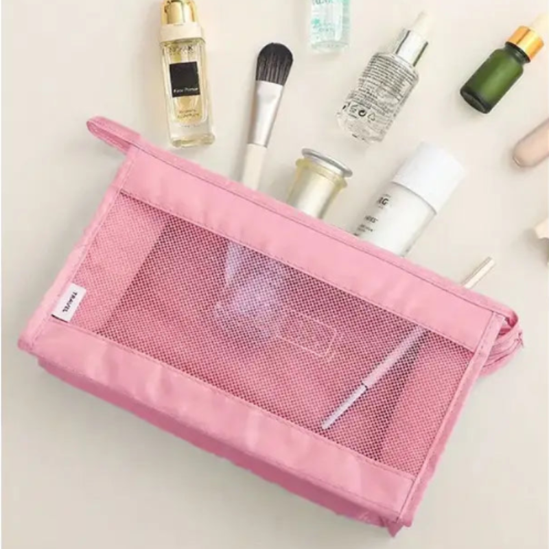 Transparent Mesh Travel Toiletry Bag – Waterproof Cosmetic Organizer Pouch (Random Color) (Pack of 1)