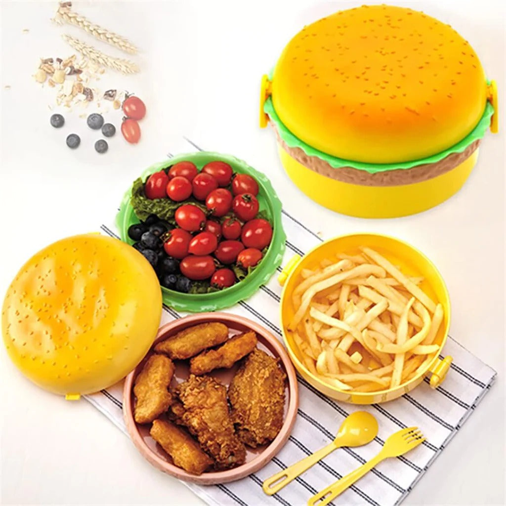 Burger Shape Lunch Box, Kids School Tiffin Box for Boys & Girls Leak Proof Plastic with Compartments