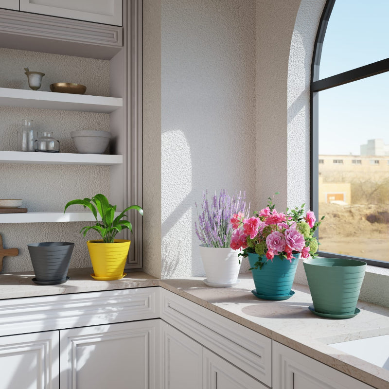 Premium Plastic Big Flower Pot Set With Matching Base Trays (5 Pcs set)