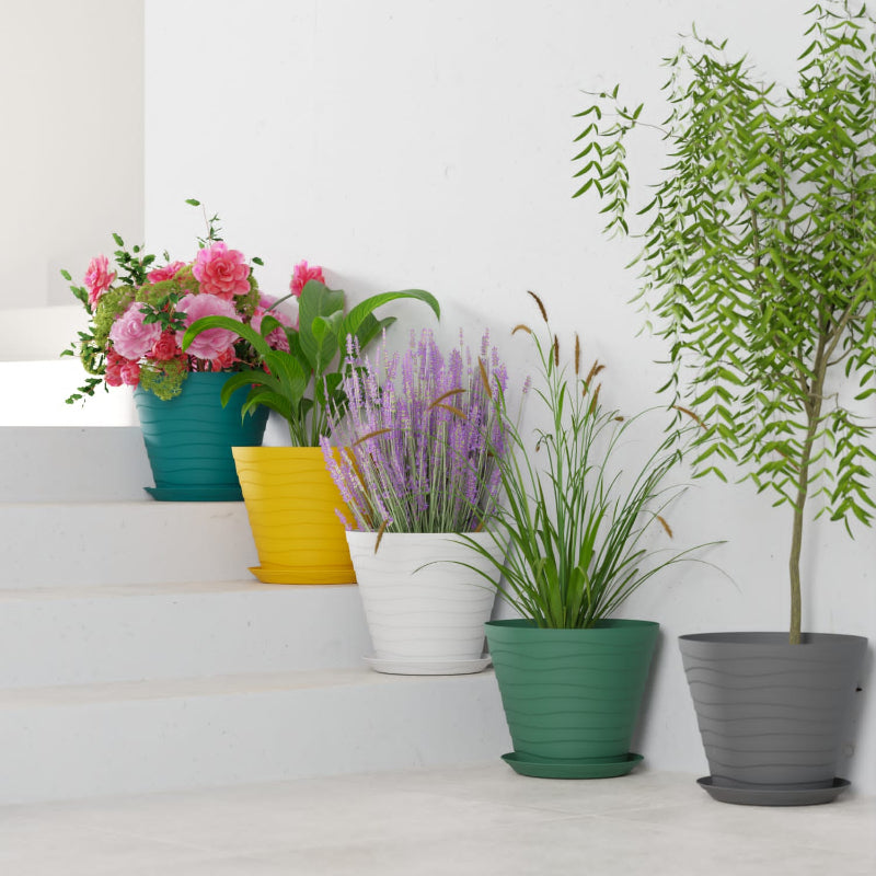 Premium Plastic Big Flower Pot Set With Matching Base Trays (5 Pcs set)