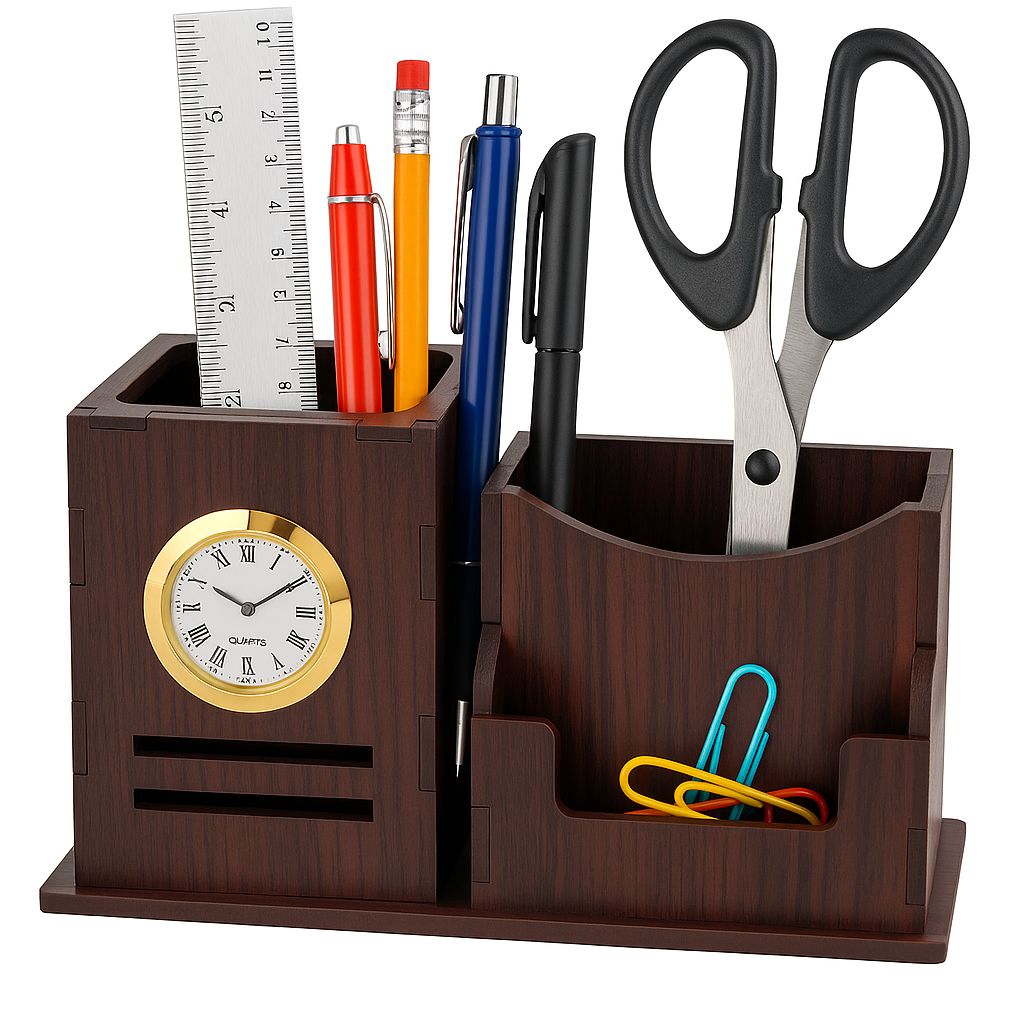 Wooden MDF Desktop Pen Stand with Clock & Card Holder | Office & Home Table Organizer