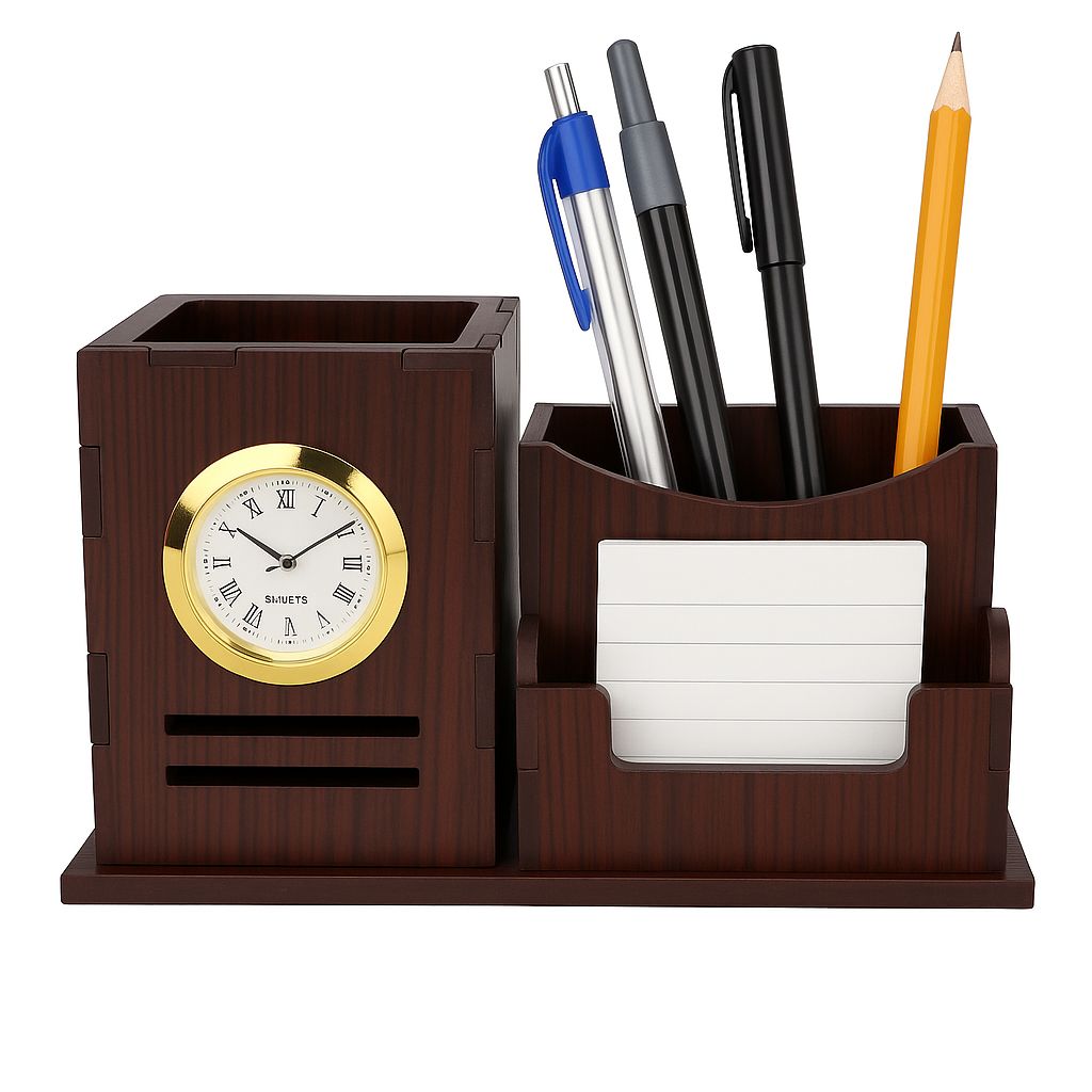 Wooden MDF Desktop Pen Stand with Clock & Card Holder – Office & Home Table Organizer (Pack of 1)