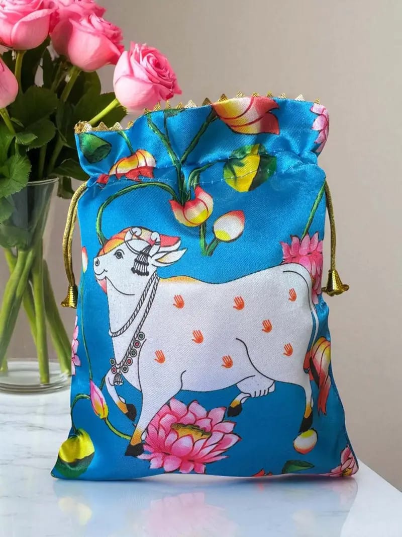 Trendy Cow Print Potli Bags – Perfect for Diwali, Navratri & Wedding Return Gifts (Random color-Pack of 1)