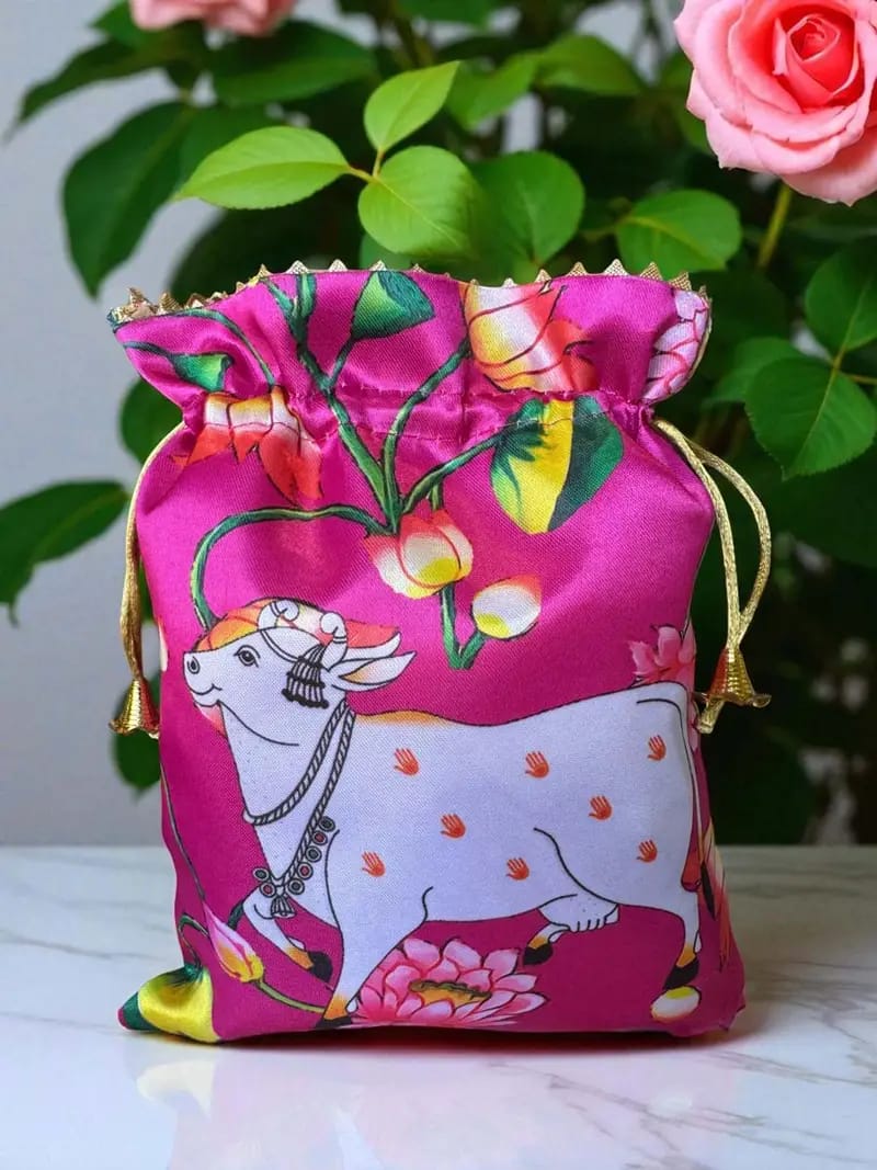 Trendy Cow Print Potli Bags – Perfect for Diwali, Navratri & Wedding Return Gifts (Random color-Pack of 1)