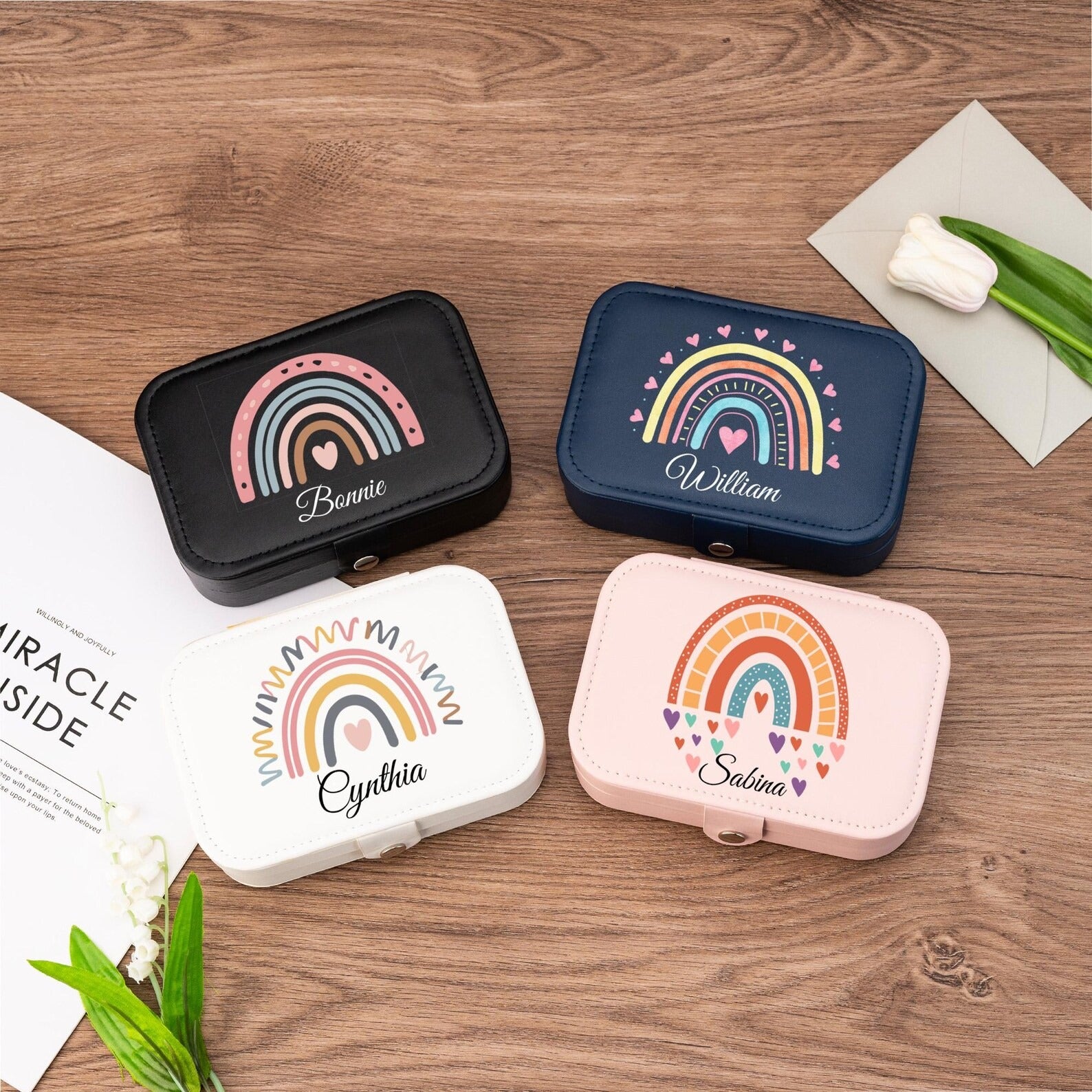 Personalized Leather Rainbow Jewelry Box,Travel Keepsake Organizer,Wedding Bridesmaid Gift,Mothers Day Keepsake,Birthday Gift For Nana Mommy (Random box)