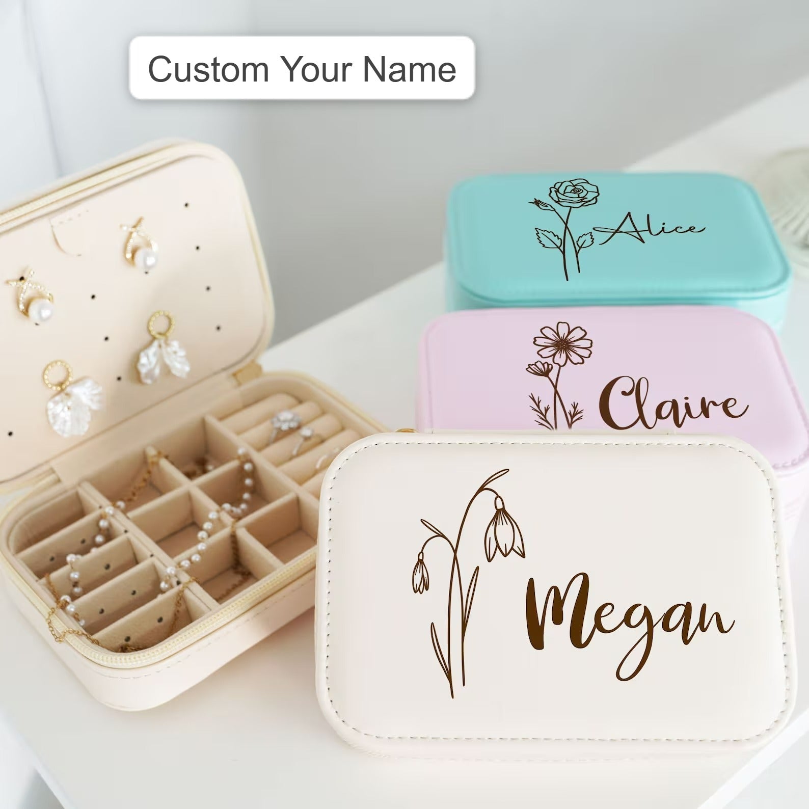 Personalized Birth Flower Jewelry Box – Custom Zipper Leather Travel Jewelry Case, Bridesmaid Proposal & Bridal Party Gift