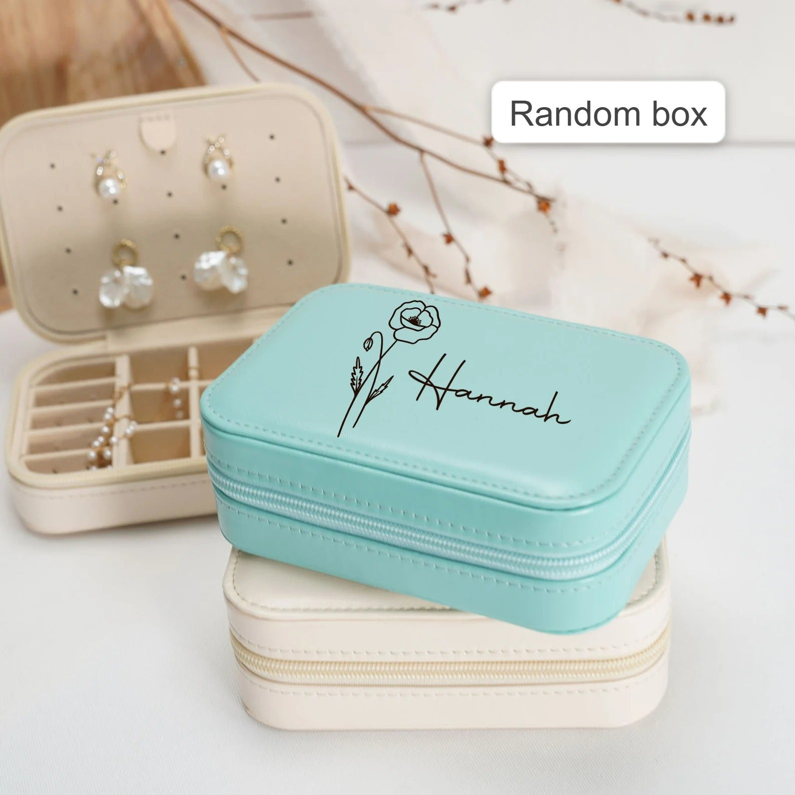 Personalized Birth Flower Jewelry Box – Custom Zipper Leather Travel Jewelry Case, Bridesmaid Proposal & Bridal Party Gift