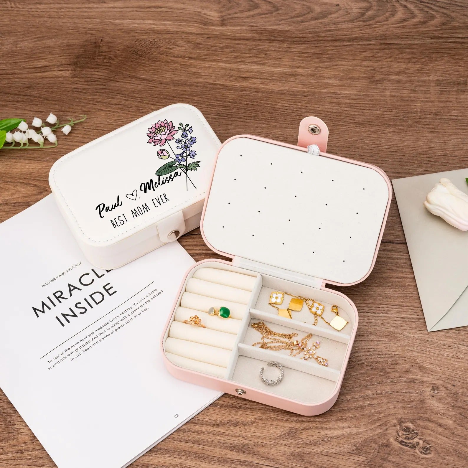 Personalized Birth Month Flower Jewelry Box – Custom Mom Leather Travel Case with Kids Name | Mother’s Day, Mom Birthday & Grandma Gift (Random Box-Pack of 1)