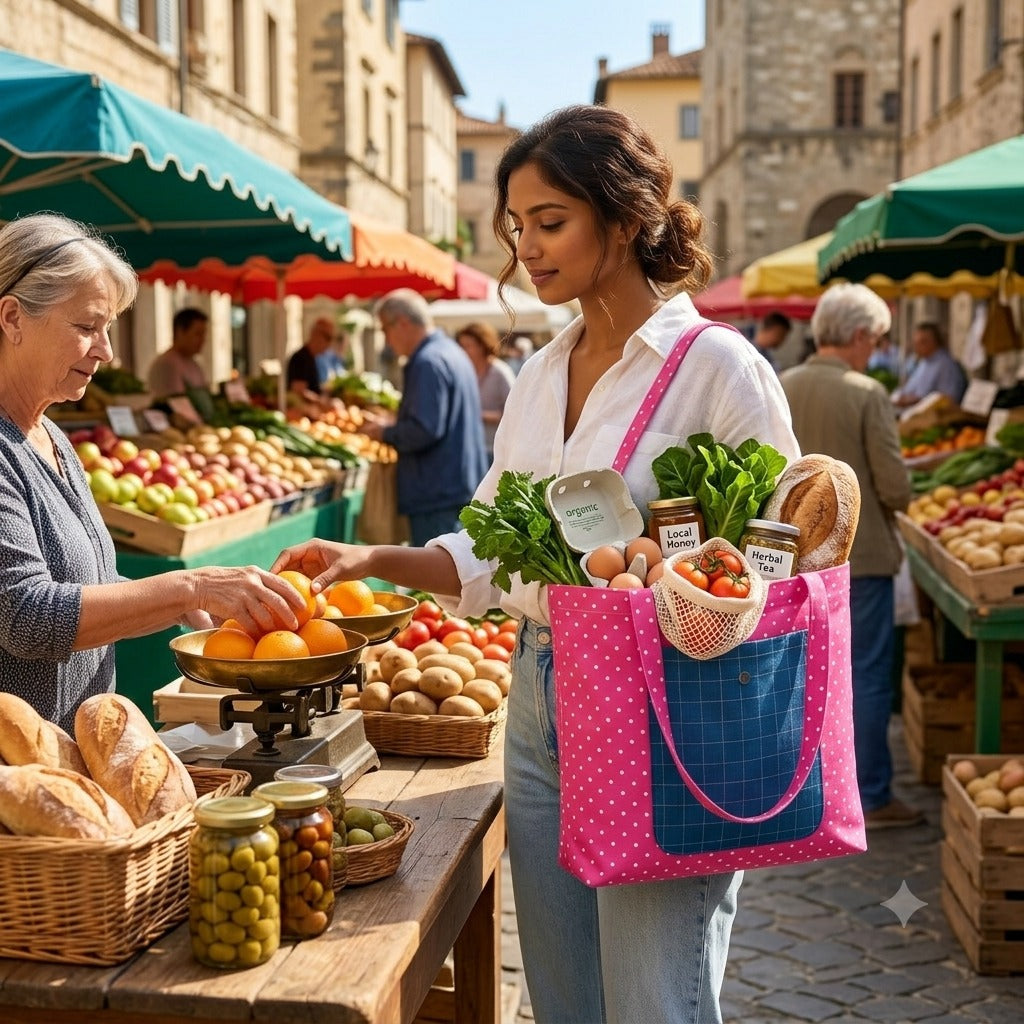 Foldable Reusable Shopping Bag with Pouch | Premium Cotton Foldable Tote Bag | Reusable Grocery Bag with Travel Pouch