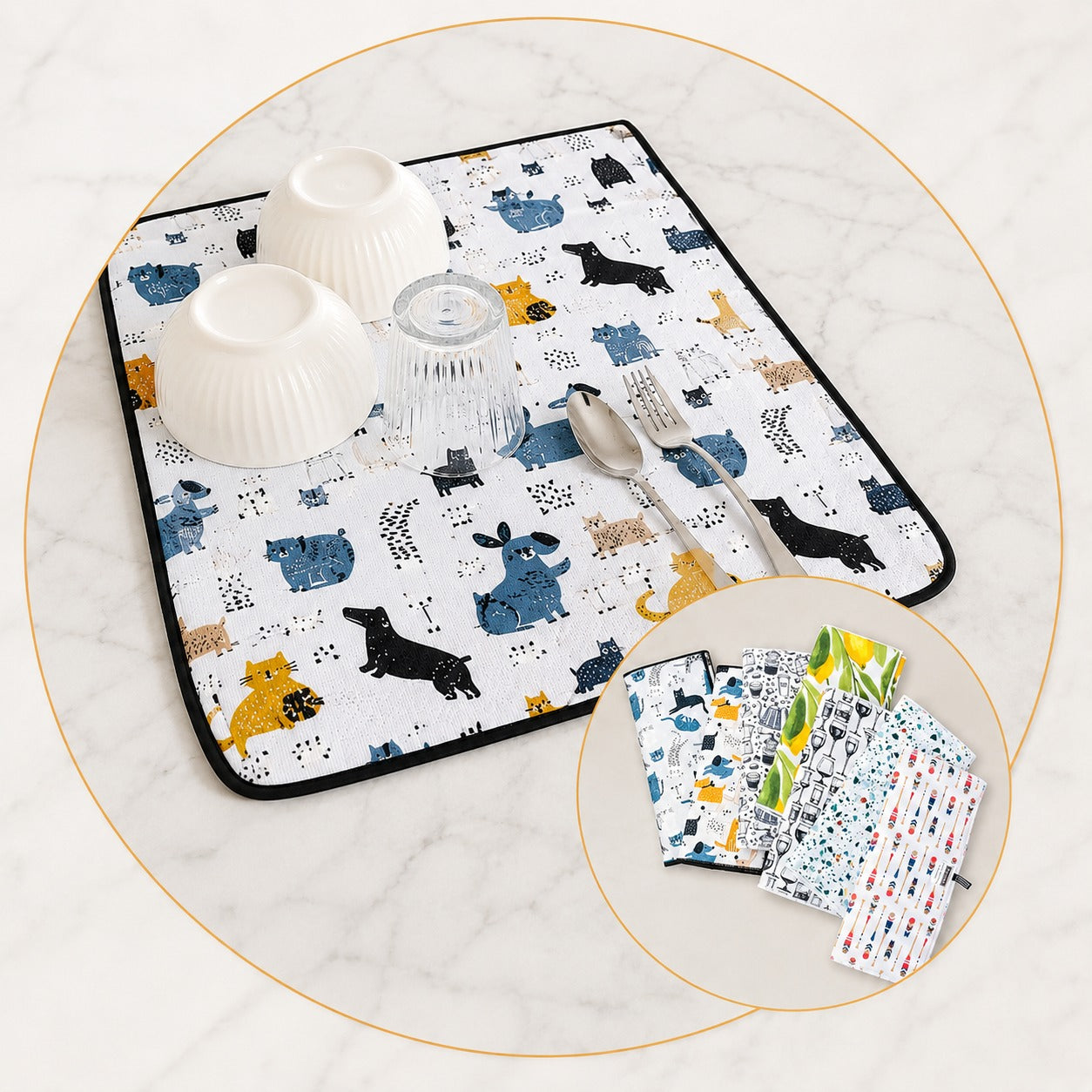 Printed Dish Drying Mat for Kitchen – Absorbent Microfiber Drying Pad for Dishes, Cups & Utensils (Random Print-Pack of 1)