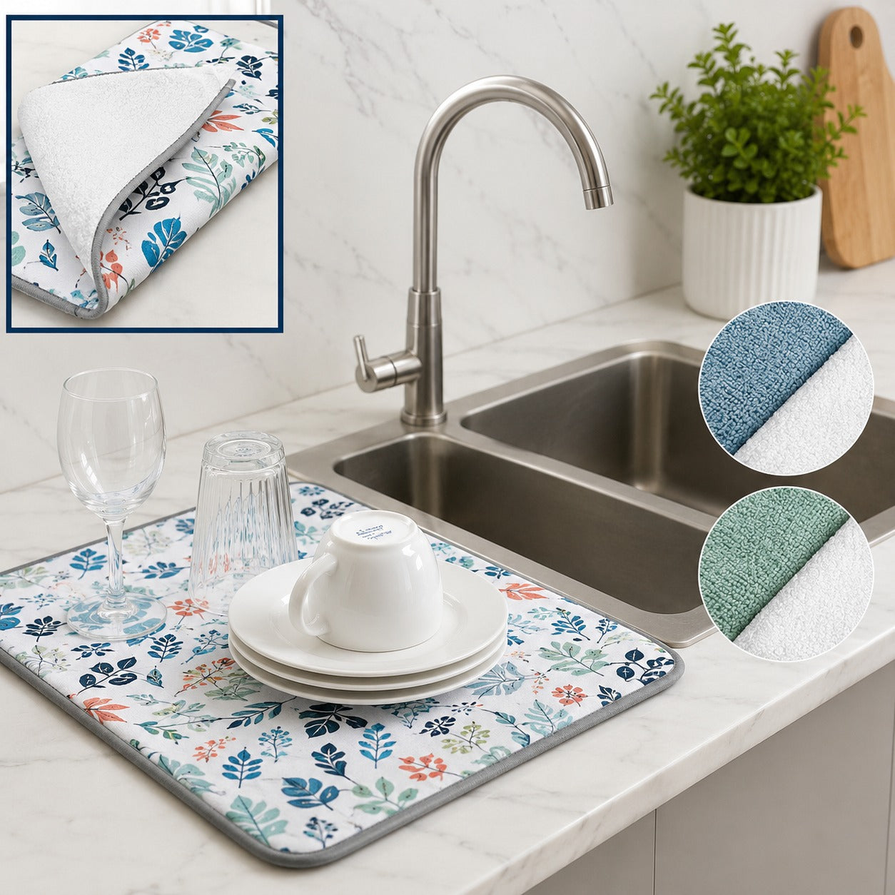 Printed Dish Drying Mat for Kitchen – Absorbent Microfiber Drying Pad for Dishes, Cups & Utensils (Random Print-Pack of 1)