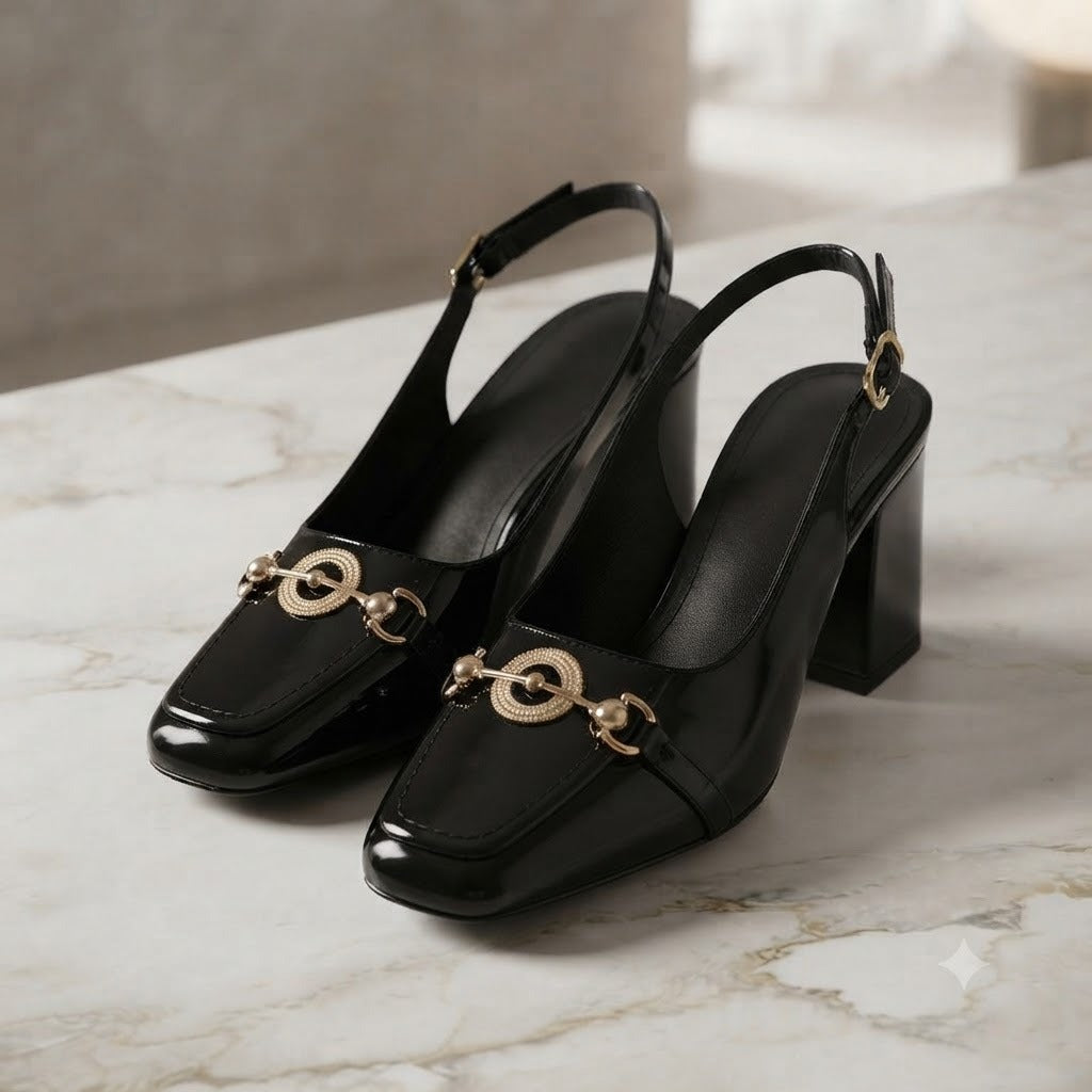 Women's Patent Slingback Block Heel Pumps | Closed Toe Formal Heels with Adjustable Buckle Strap | Comfortable Office, Party & Evening Shoes for Women
