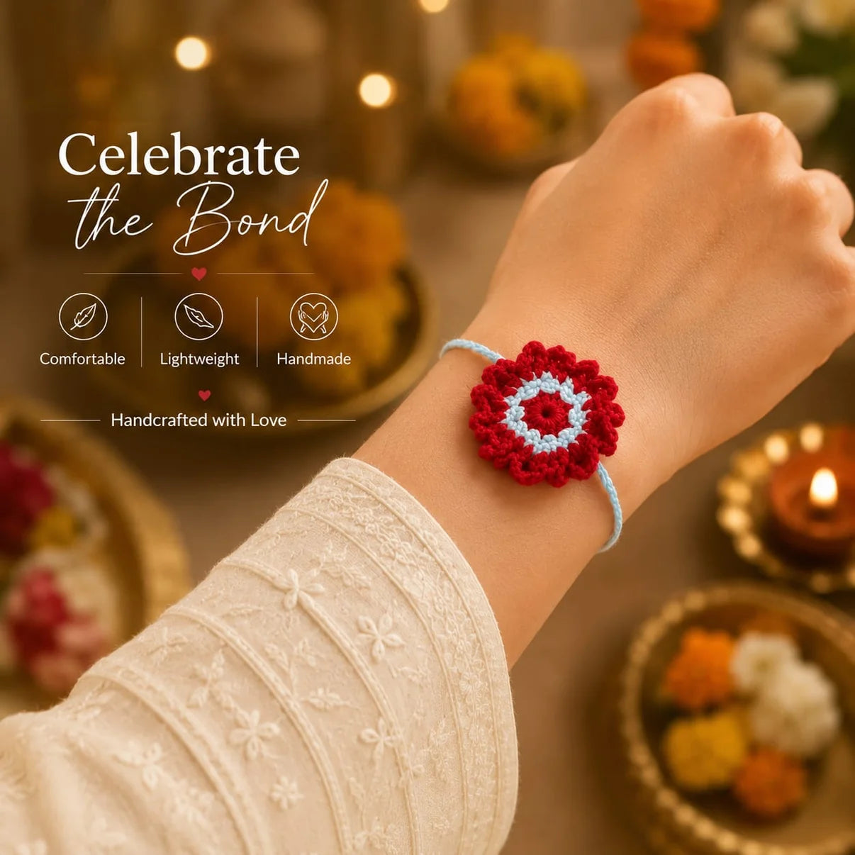 Premium Handcrafted Crochet Rakhi | Red & Blue Floral Design | Unique Eco-Friendly Rakhi (Random Set of 1)