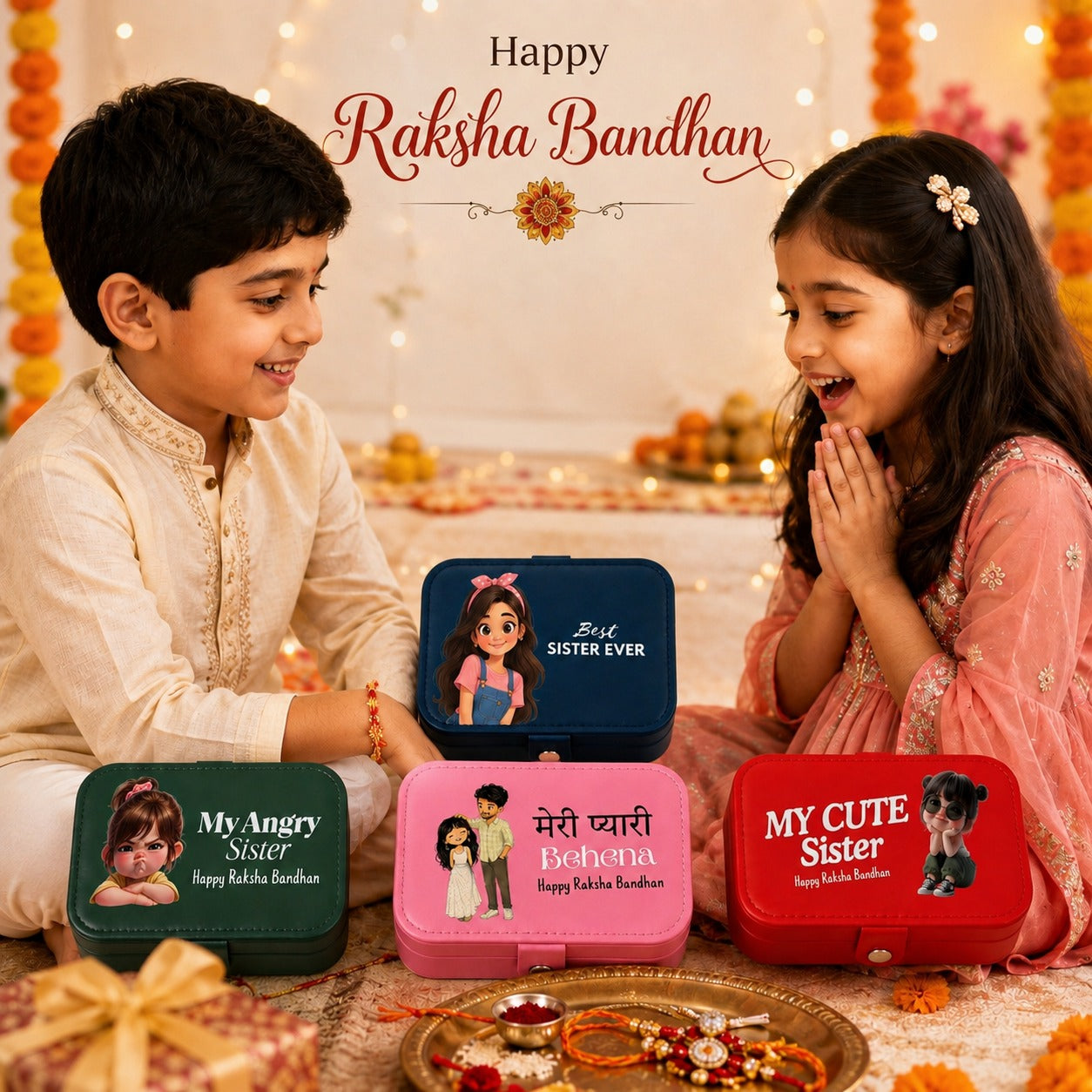 Large Customized Cute Cartoon Illustrations Jewellery Box with Message | Rakshabandhan Special Gift for Sister (Random Color)