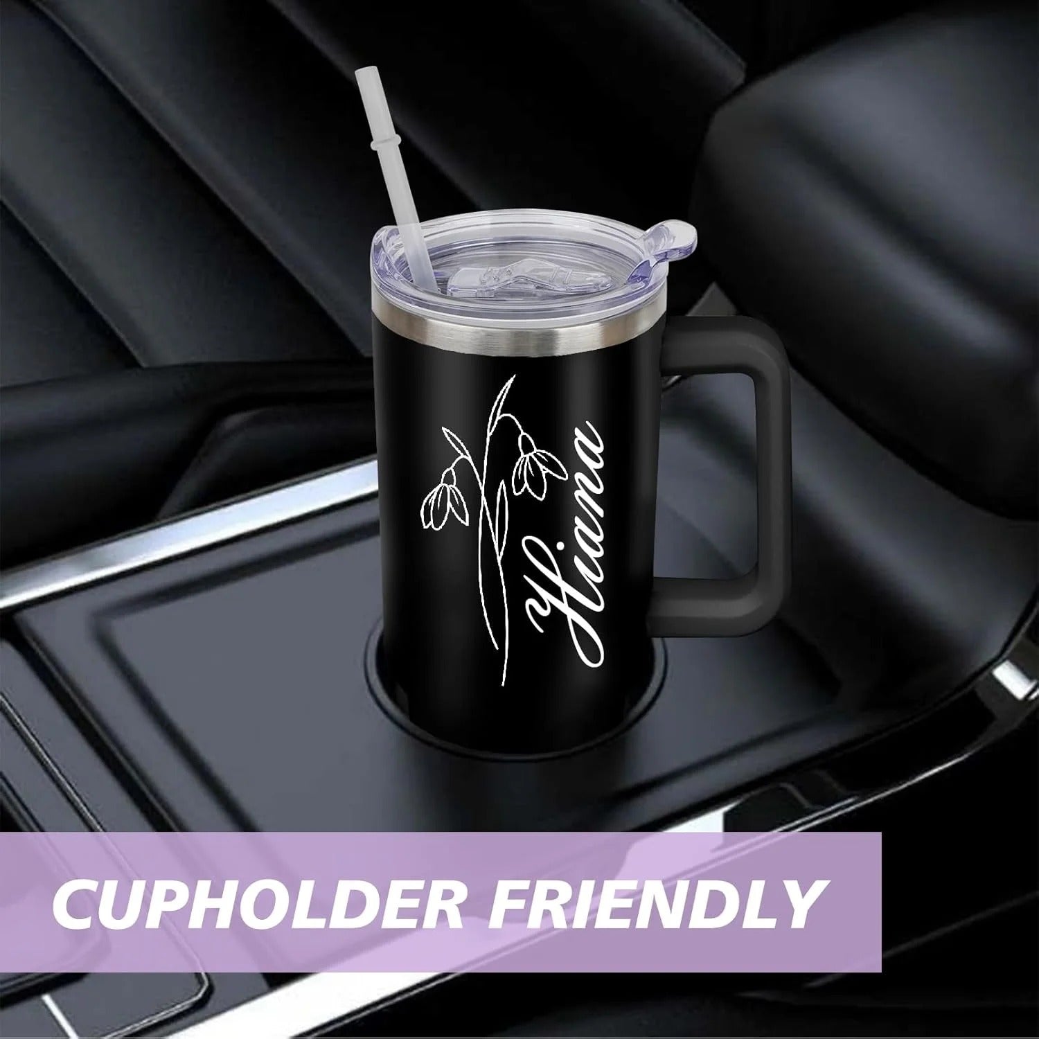 Customized 40oz Tumbler with Handle & Straw, Personalized with Name and Birth Flower