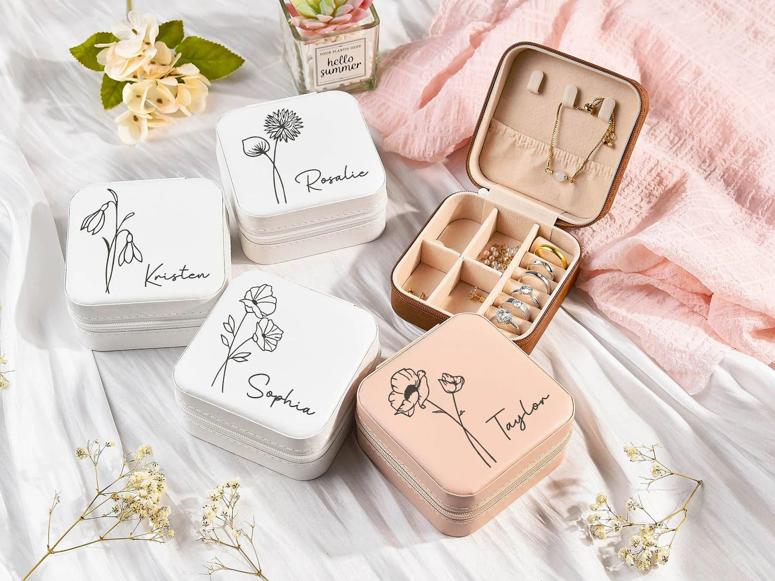 Customised Jewellery Box - Mini Travel Jewellery Box - Birthday Flower Print + Name (Random color)