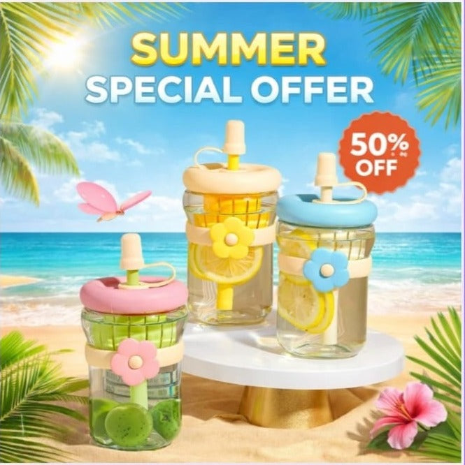 4 Pcs Eco-Friendly Reusable Coffee Glass Mug with Straw – Cute & Fancy Design (Random Color)