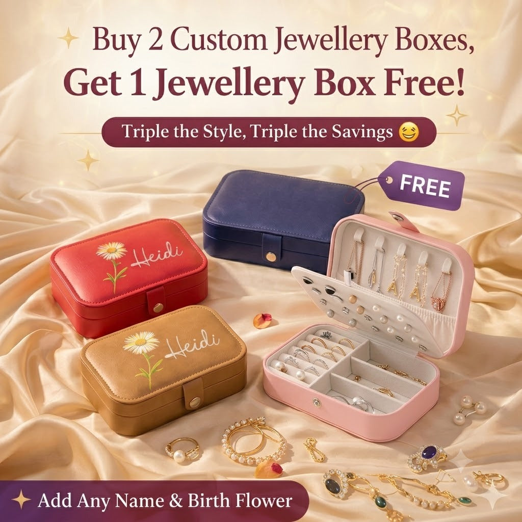 Personalized Large Jewellery Box with Name & Birth Month Flower – Custom Travel Jewelry Organizer Case (Random Color) | Buy 2 Customized Boxes & Get 1 Large Jewellery Box Free