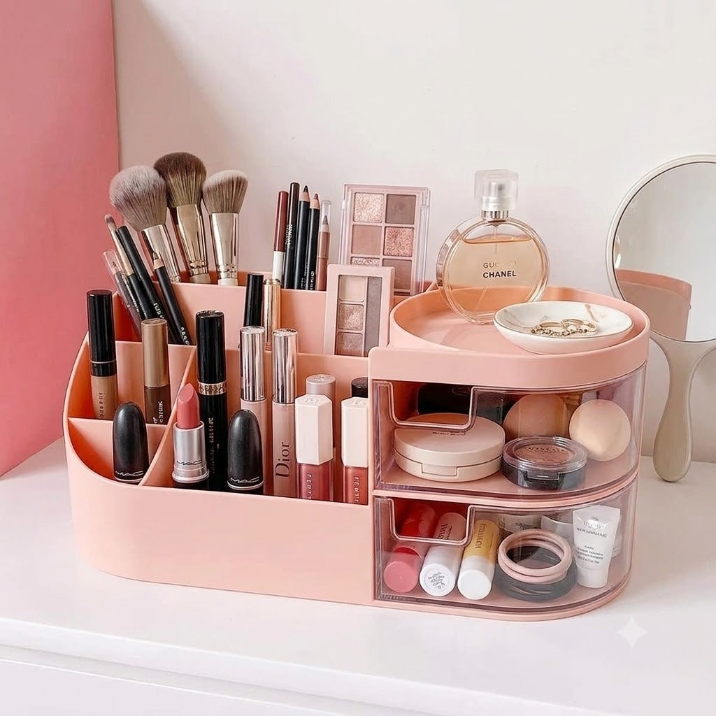 All-in-One Makeup Organizer with Storage Drawers – Desktop Vanity Box for Cosmetics, Skincare, Perfumes & Jewelry (Random Color)