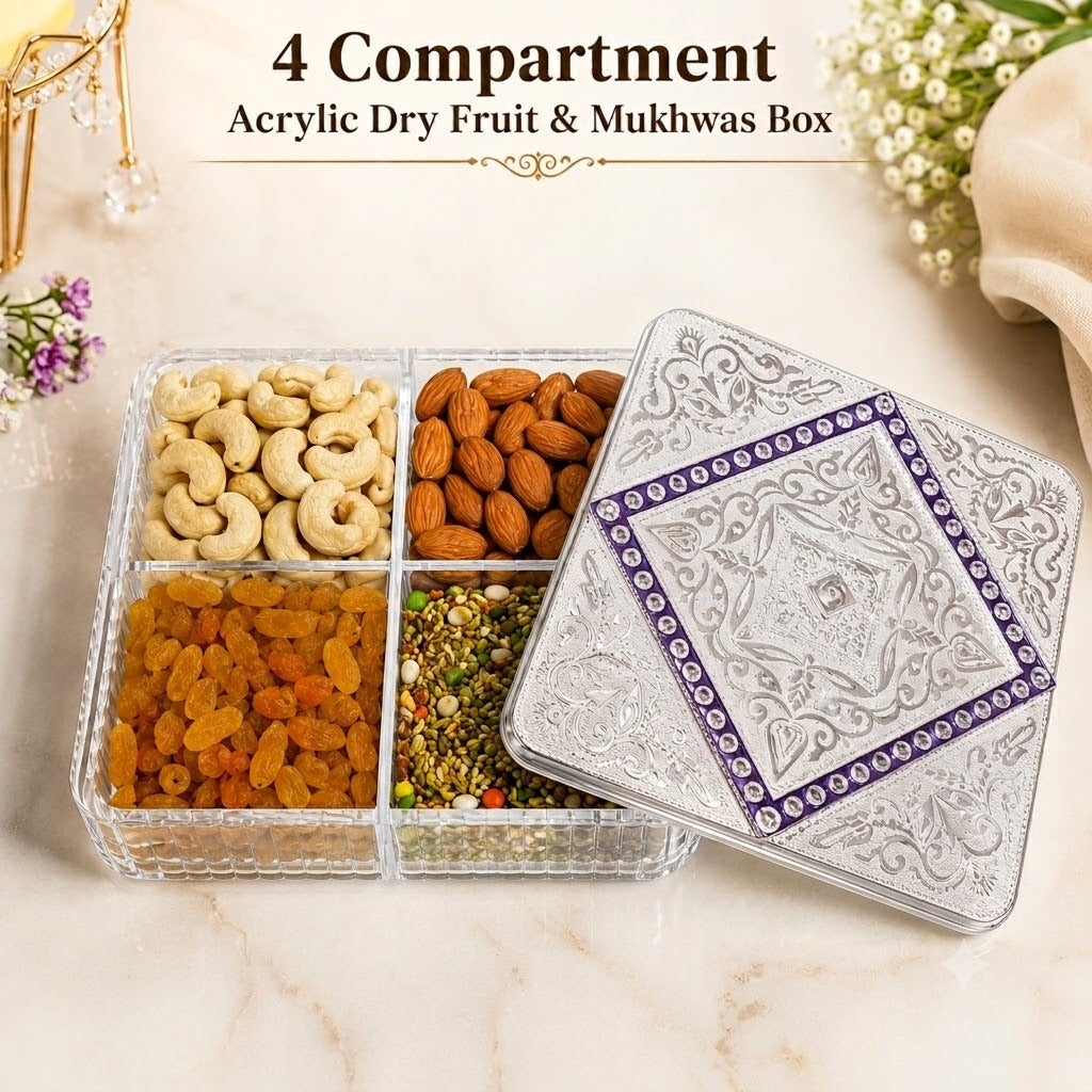 4 Compartment Acrylic Dry Fruit & Mukhwas Box – Chocolate, Snacks & Mouth Freshener Storage Container (Random Color-Pack of 1)