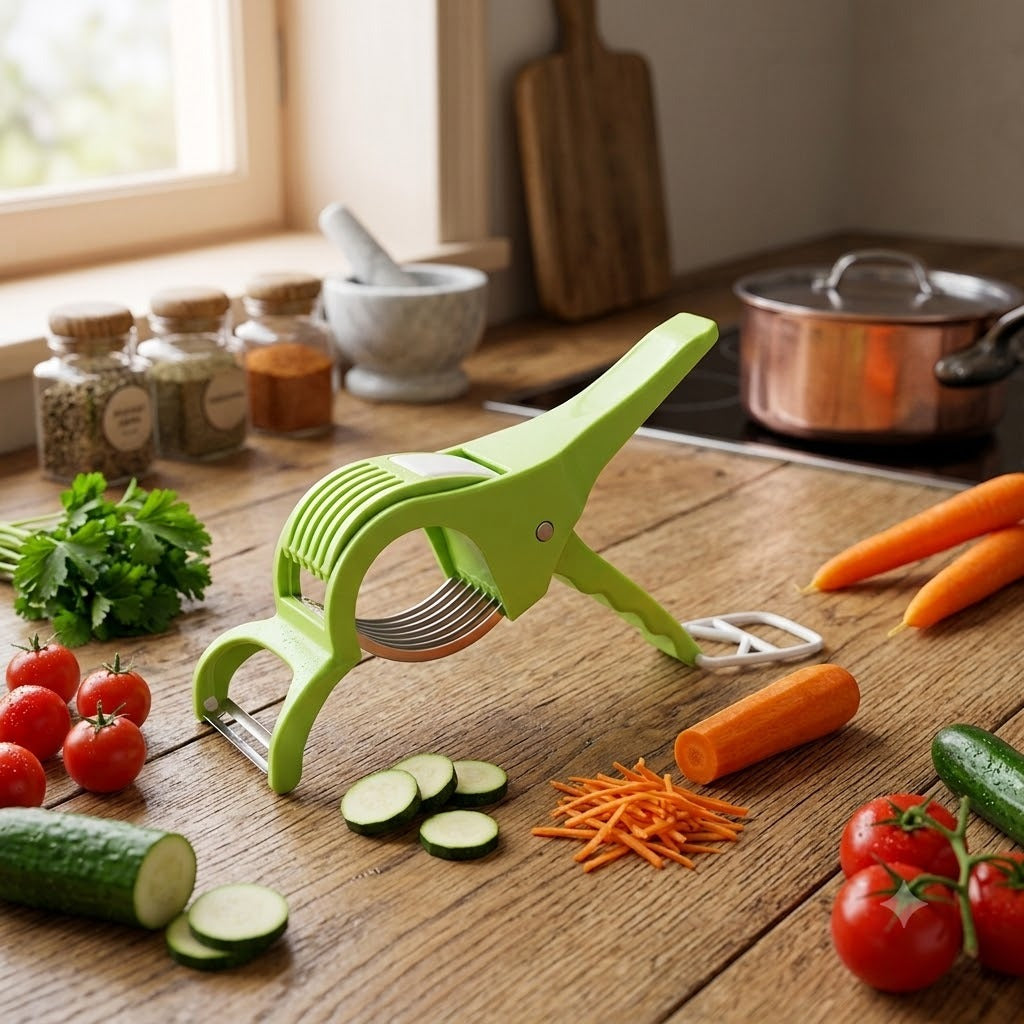 2 in 1 Vegetable & Fruit Multi Cutter, Peeler & Slicer – 5 Blade Stainless Steel Multifunctional Kitchen Tool