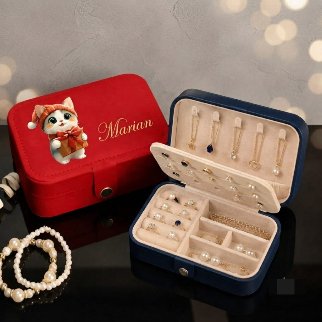 Personalized Faux Leather Jewelry Box with Cute Kitten Design – Custom Name Travel Jewelry Organizer for Girls (Random Box-Pack of 1)