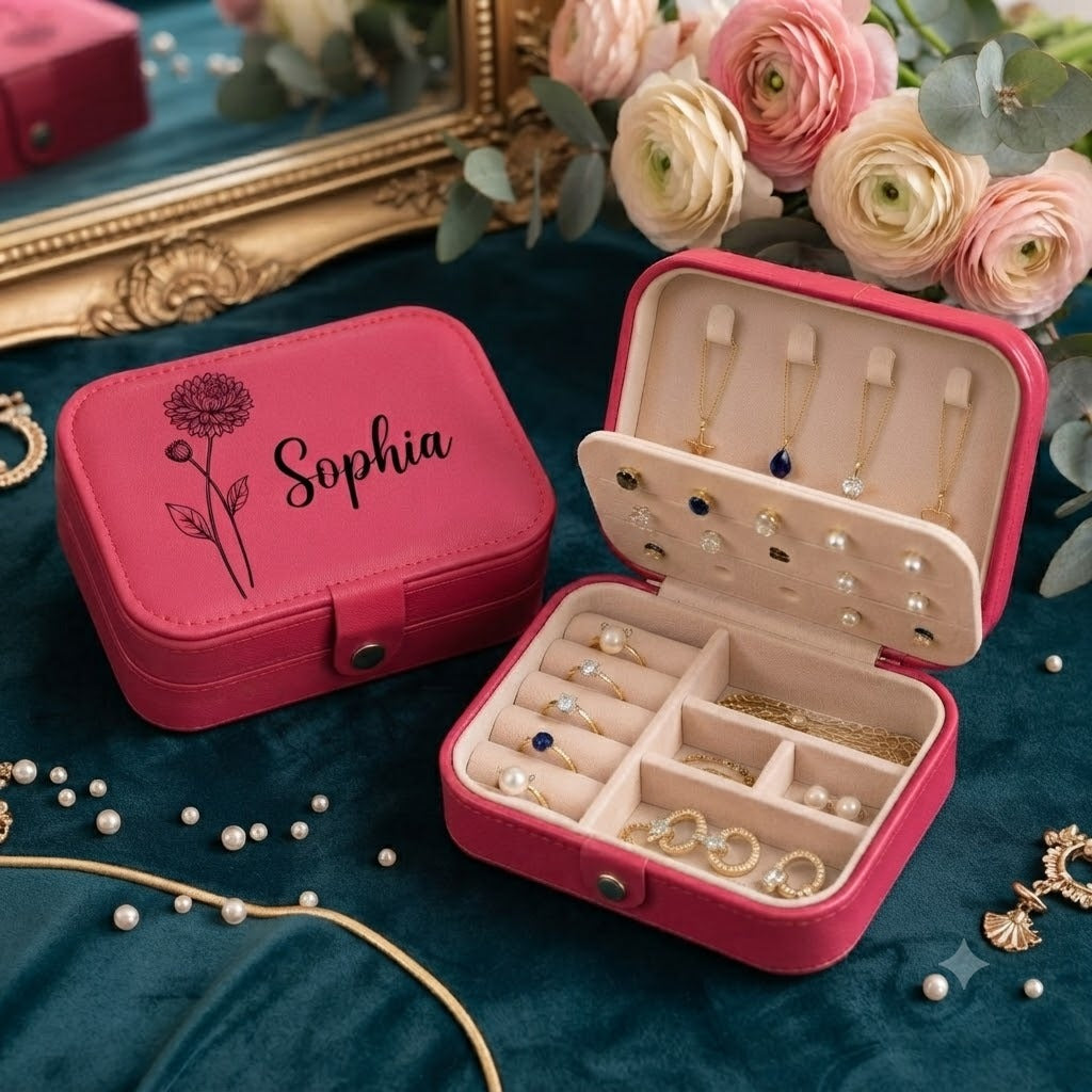 Personalized Birth Flower Jewelry Box – Custom Leather Travel Jewelry Case, Bridesmaid Proposal & Bridal Party Gift (Random Box-Pack of 1)