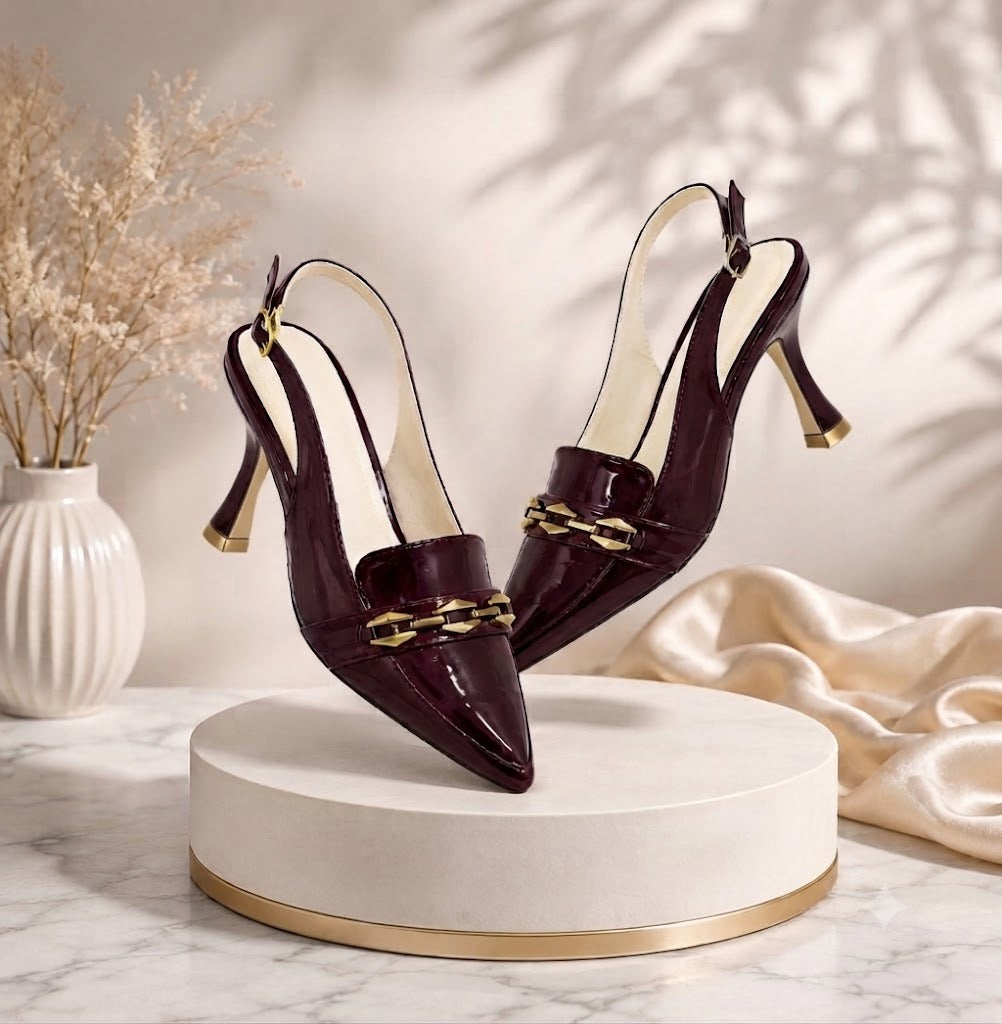 Women's Elegant Dress Shoes - Kitten Heel Slingback Pumps, Closed Pointed Toe with Metal Chain Buckle
