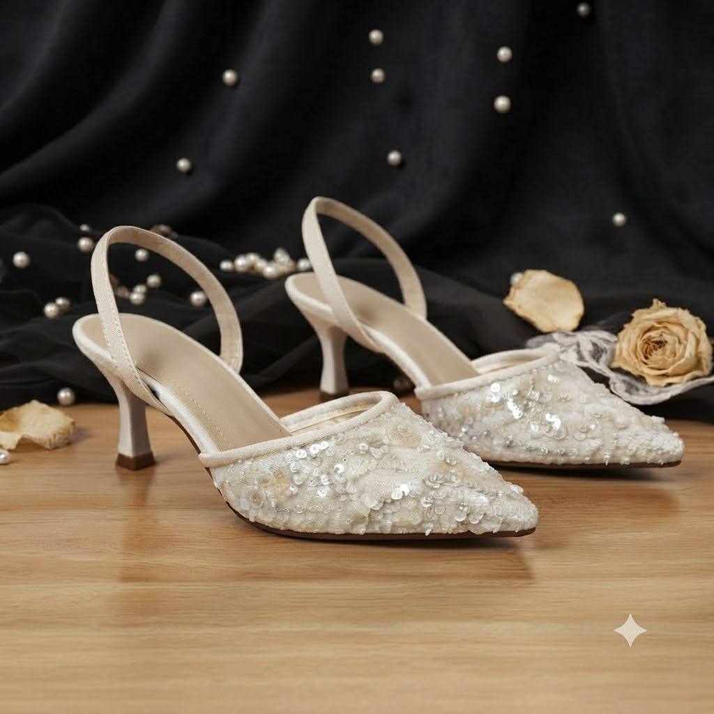 Women's Black, White & Grey Sequined Embellished Slingback Heels - Stylish Party Wear Stilettos for Women