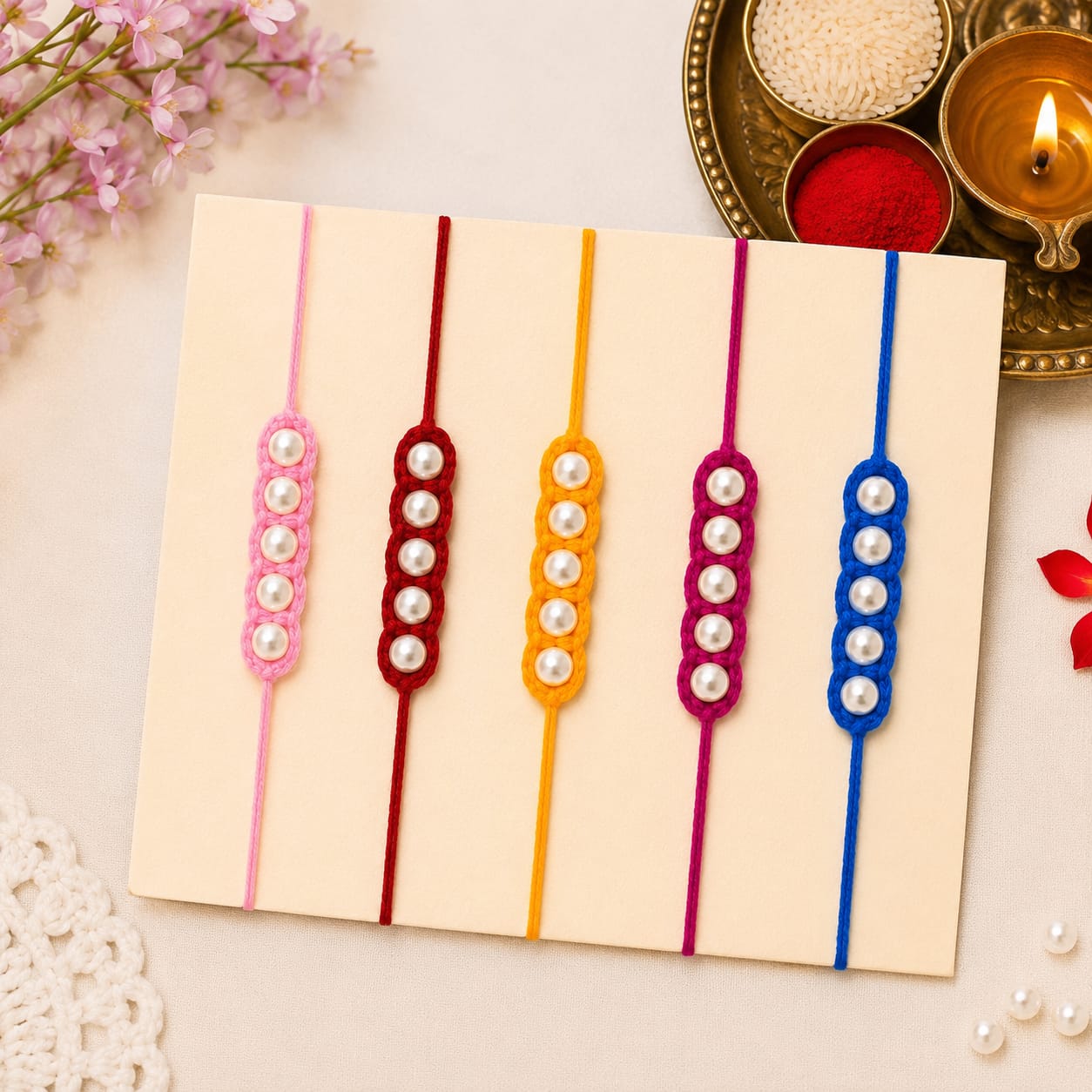 Handmade Crochet Rakhi with Pearl Beads | Soft Woolen Raksha Bandhan Thread with 5 Pearls (Random Color Pack of 1)