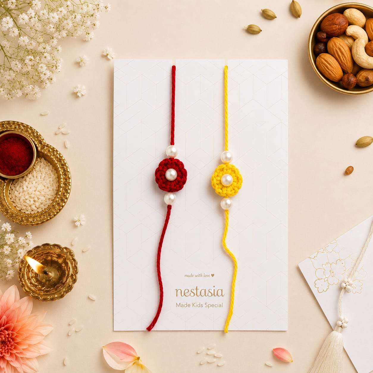 Handcrafted Crochet Flower & Pearl Rakhi Set - Red & Yellow (Pack of 2) | Raksha Bandhan Combo Pack