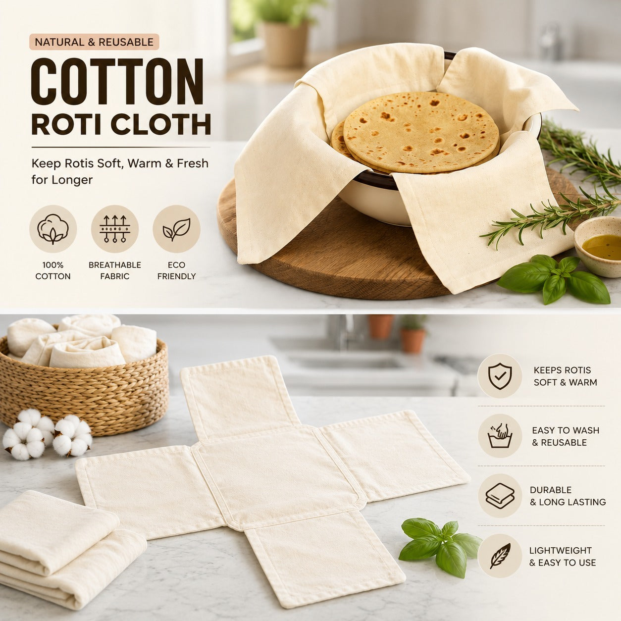 Cotton Roti Cloth Wrap with Flaps | Double Layer Chapati Cover for Keeping Rotis Warm & Fresh | Traditional Kitchen Roti Wrap for Tiffin (Pack of 1)