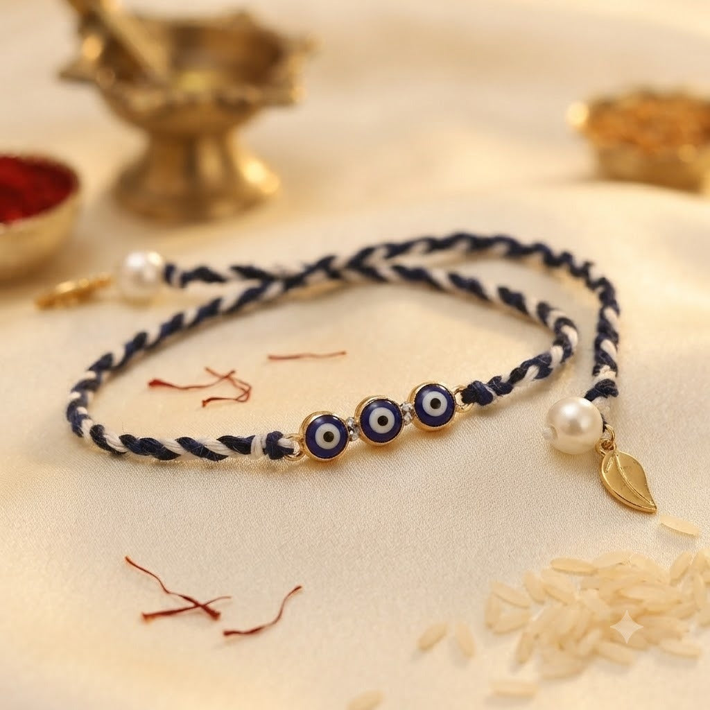 Handmade Evil Eye Nazar Rakhi for Brother | Adjustable Blue Thread Rakhi with Pearl & Gold Charm | Premium Designer Raksha Bandhan Rakhi (Pack of 1)