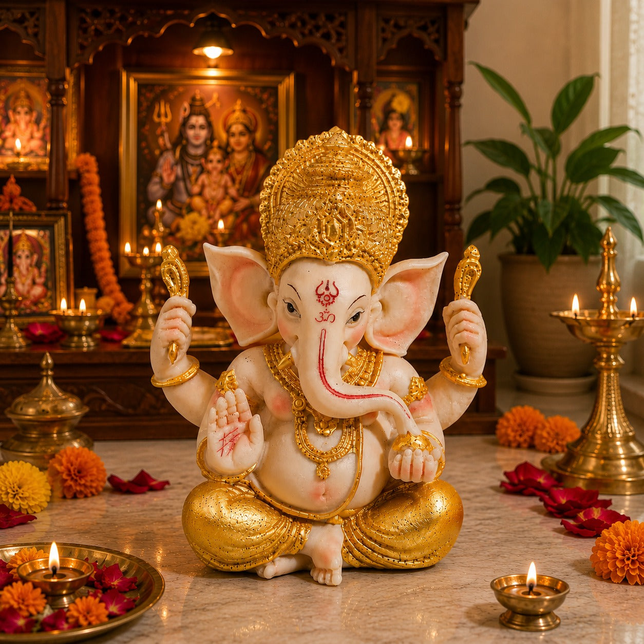 Premium Lord Ganesha Idol for Home Temple | Golden Finish Decorative Ganpati Murti (Big Size)