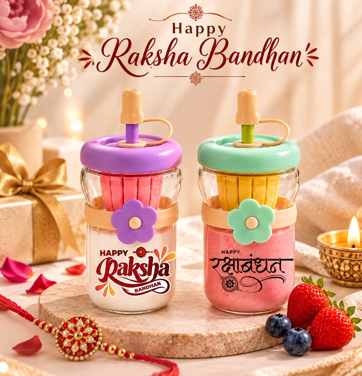 Raksha Bandhan Fruit & Juice Sipper Bottle for Kids | Cute Reusable Fruit Juice Cup with Straw & Lid | Colorful Rakhi Gift for Children (Random Sticker)