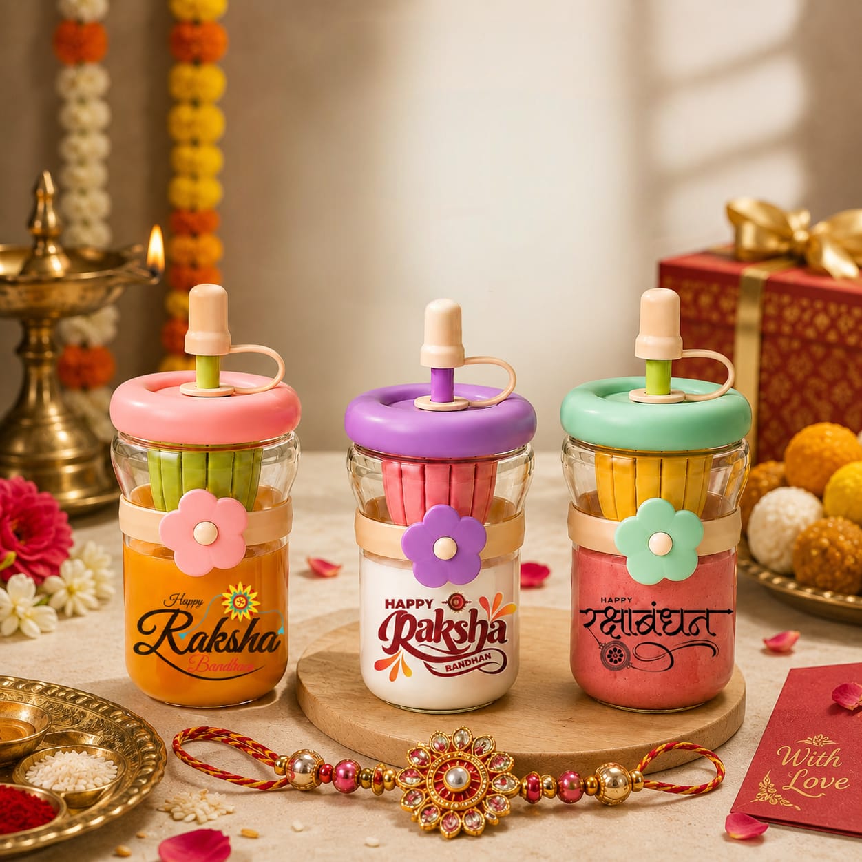 Raksha Bandhan Fruit & Juice Sipper Bottle for Kids | Cute Reusable Fruit Juice Cup with Straw & Lid | Colorful Rakhi Gift for Children (Random Sticker)