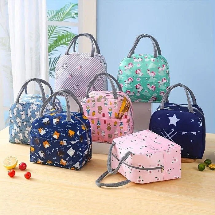 Random Print Lunch Bag with Pocket – Insulated Portable Food Bag for School, Office & Travel (Random Design -Pack of 1)
