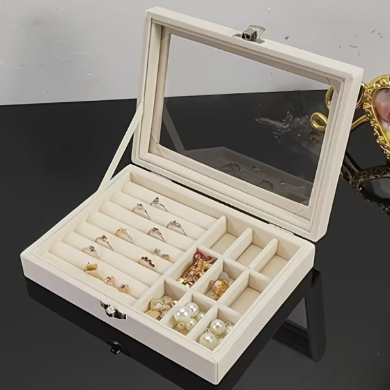 Velvet Jewelry Organizer with Clear Lid – Elegant Storage Box for Rings, Earrings & Accessories(Random Color)