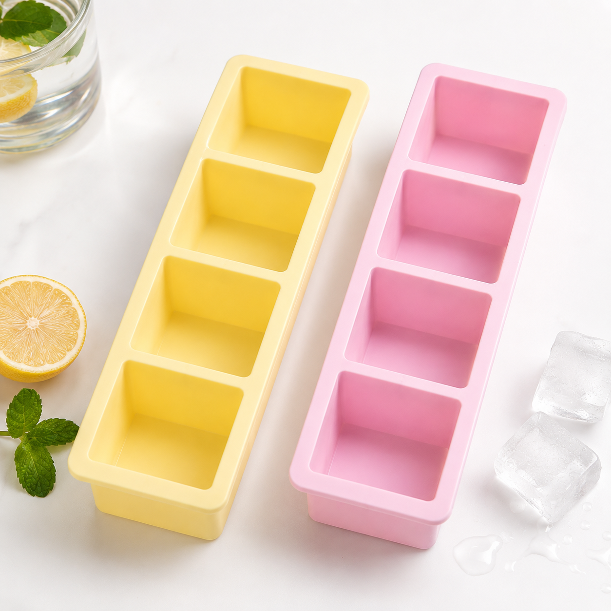 4 Cavity Silicone Ice Cube Mould Tray | Large Square Ice Cube Maker | Food Grade BPA-Free Flexible Ice Tray (Random Color Pack of 1)