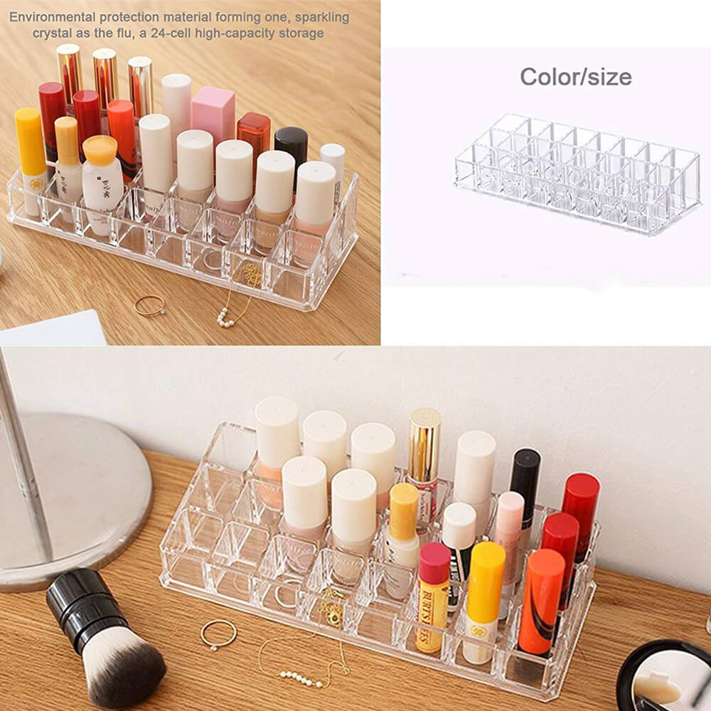24 Cavity Lipstick Organizer,Lipstick, Lip Gloss, Nail Polish Organizer 24 Grid Squares Holder Stand (Plastic), Transparent Cosmetic Organizer
