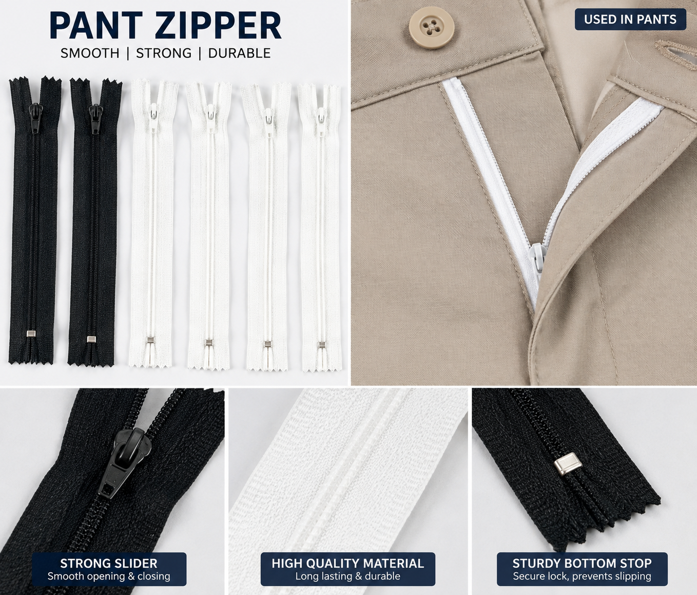 6 Pcs Premium Nylon Pant Zipper | Closed-End Sewing Zip for Pants, Trousers, Skirts & Tailoring (Blue & White)