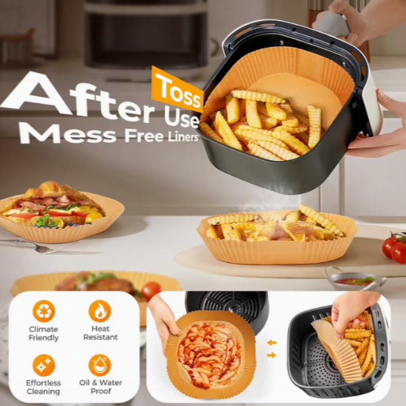 Non-Stick Air Fryer Disposable Paper Liners – Oil-Proof, Heat-Resistant Baking & BBQ Paper with Grooved Edges(Set of 50 PCs)