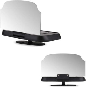 Two views of a black mounting base with a reflective screen for a car head-up display are shown against a white background.ar HUD mount, head-up display stand, car accessories.