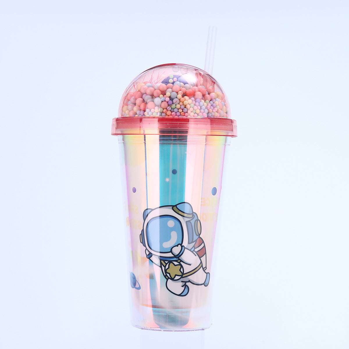 Creative Astronaut Print Plastic Cup Double Layer Portable Cute Water Cup with Straw and LED Light