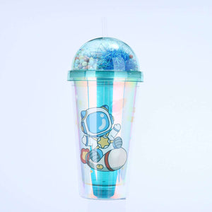 Creative Astronaut Print Plastic Cup Double Layer Portable Cute Water Cup with Straw and LED Light