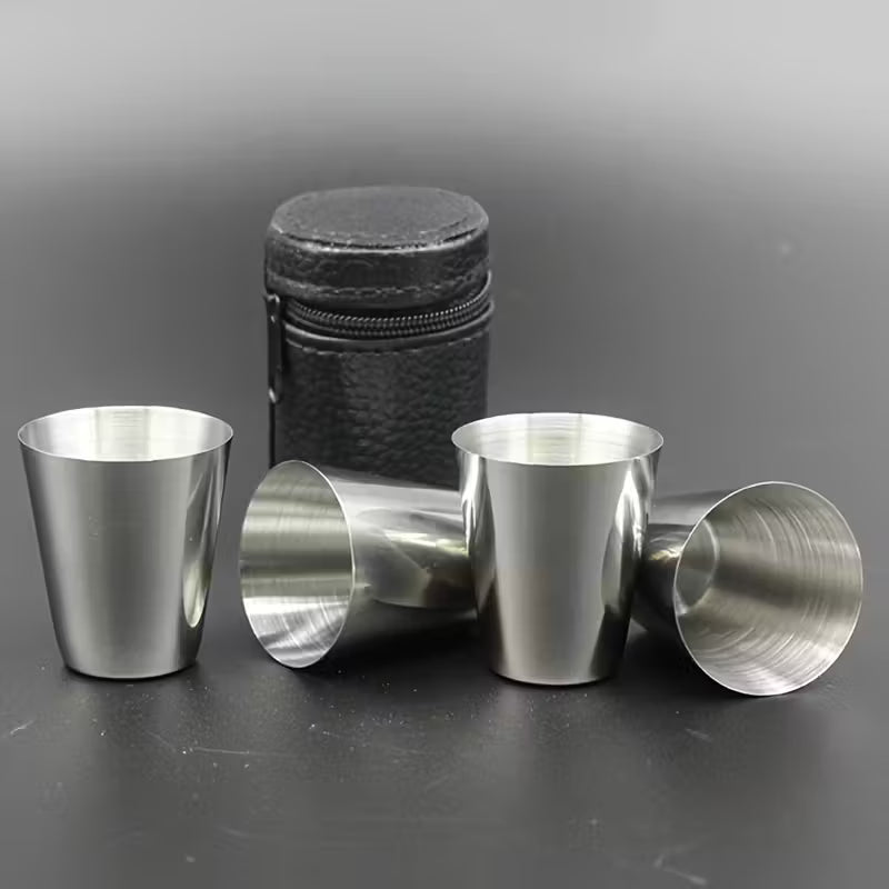 4 Pcs Glass With Case Stainless Steel Shot Glass Set / 70ml Portable Metal Cups, Ideal for Camping, Travel, and Outdoor Use - Mini Stainless Steel Shot Glasses
