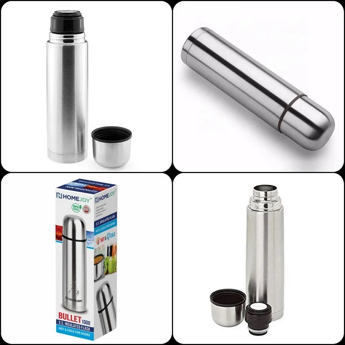 Home Joy 1000ml Bullet Style Stainless Steel Flask with Pouch & Free Bottle Brush – 12 Hours Hot & Cold Water Guarantee (Pack of 1)