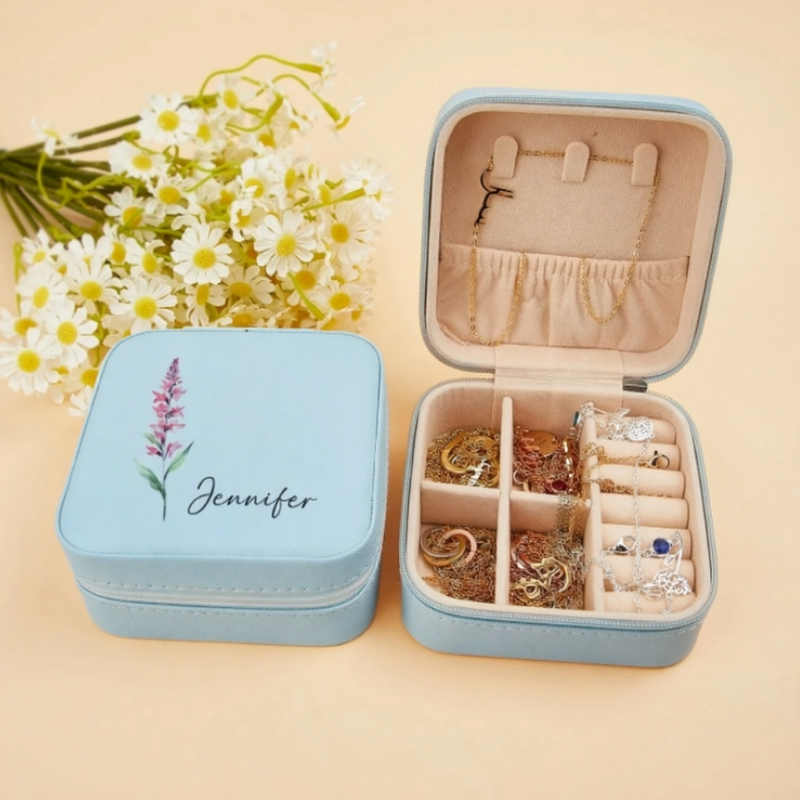 Custom Birth Flower Jewellery Box – Personalized Leather Travel Jewellery Organizer