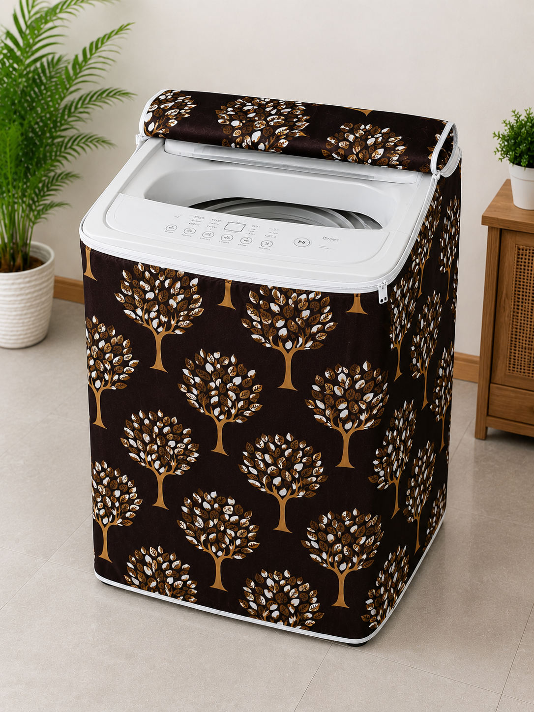 Top Load Washing Machine Cover with Zipper | Dustproof Fully Covered Protective Cover | Brown Tree Print | Premium Polyester Fabric (Pack of 1)